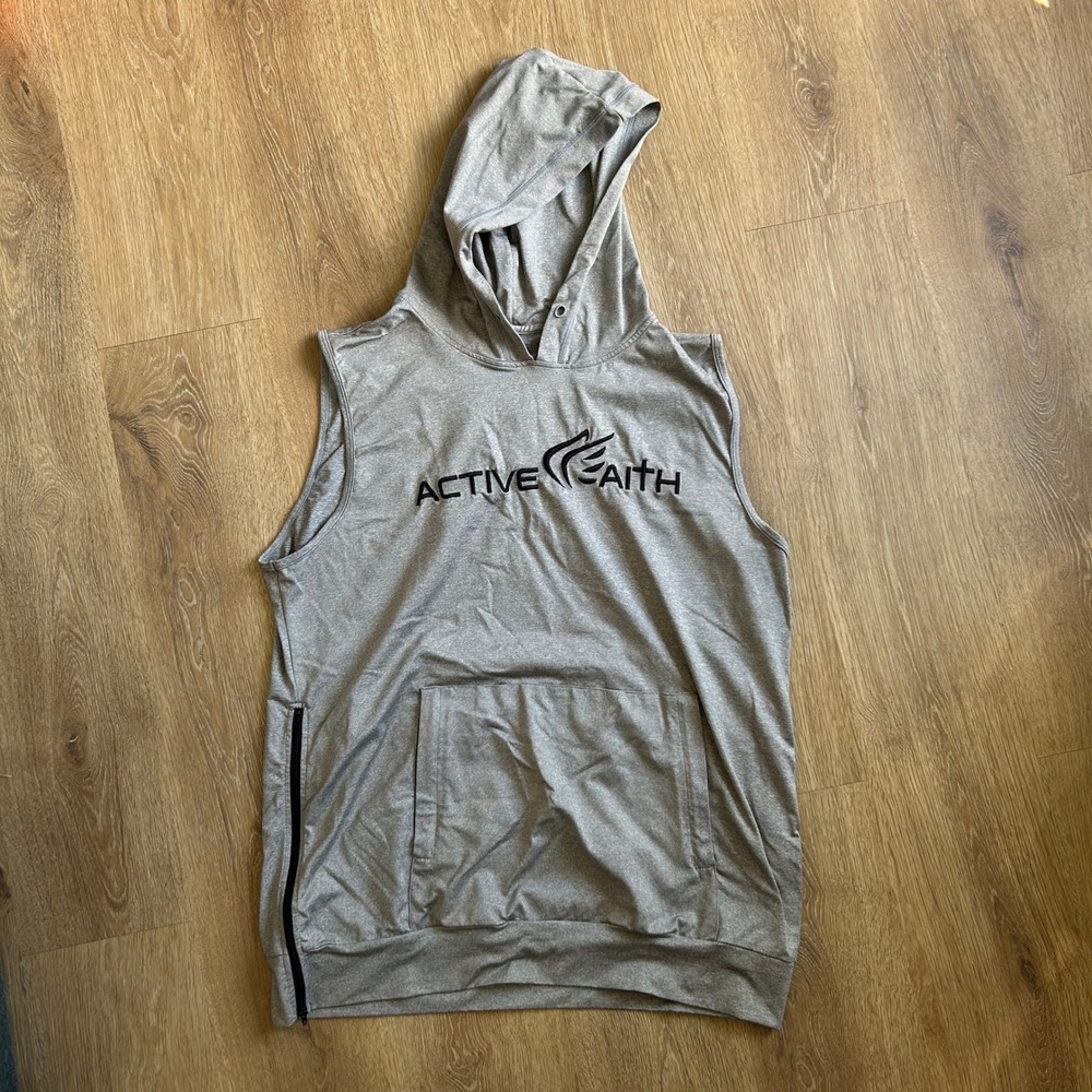 Active Faith Mens Gray Sleeveless Hoodie In Jesus Name I Play Gym Vest Tank Top